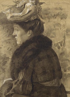 Antique Lady in a Feathered Hat, Portrait, Figure, Charcoal Drawing, Austrian