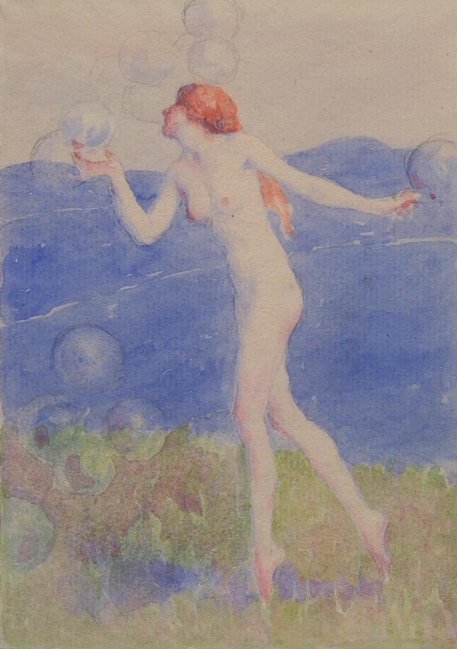 The Breeze, Nude, Figure, Watercolor, Salmagundi Club - Art by Louis Frederick Berneker