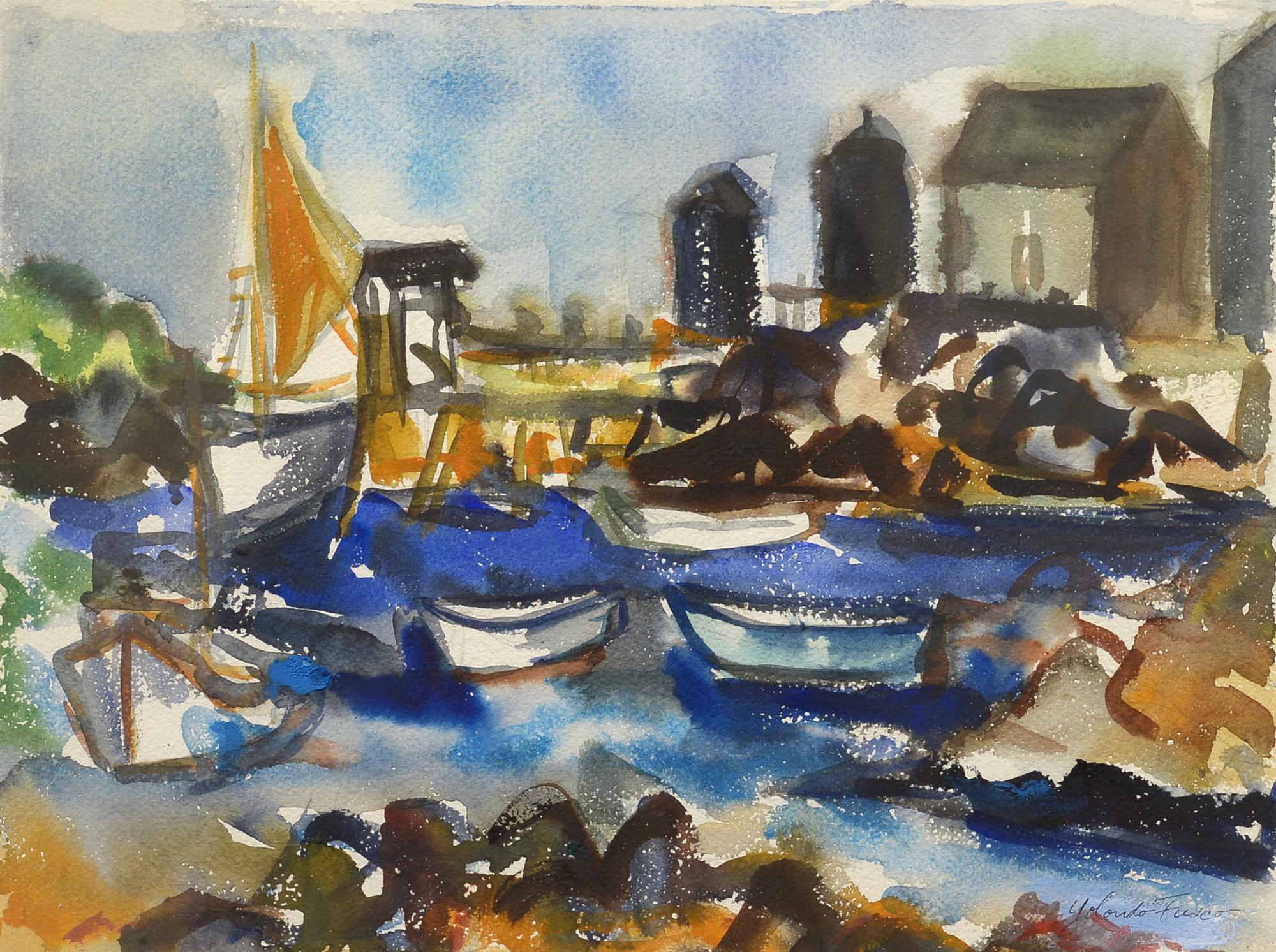 Yolanda Fusco Landscape Art - Monhegan Wharf, Maine Coast, Island, Harbor, Watercolor, Abstract