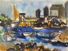 Vintage Monhegan Wharf, Maine Coast, Island, Harbor, Watercolor, Abstract