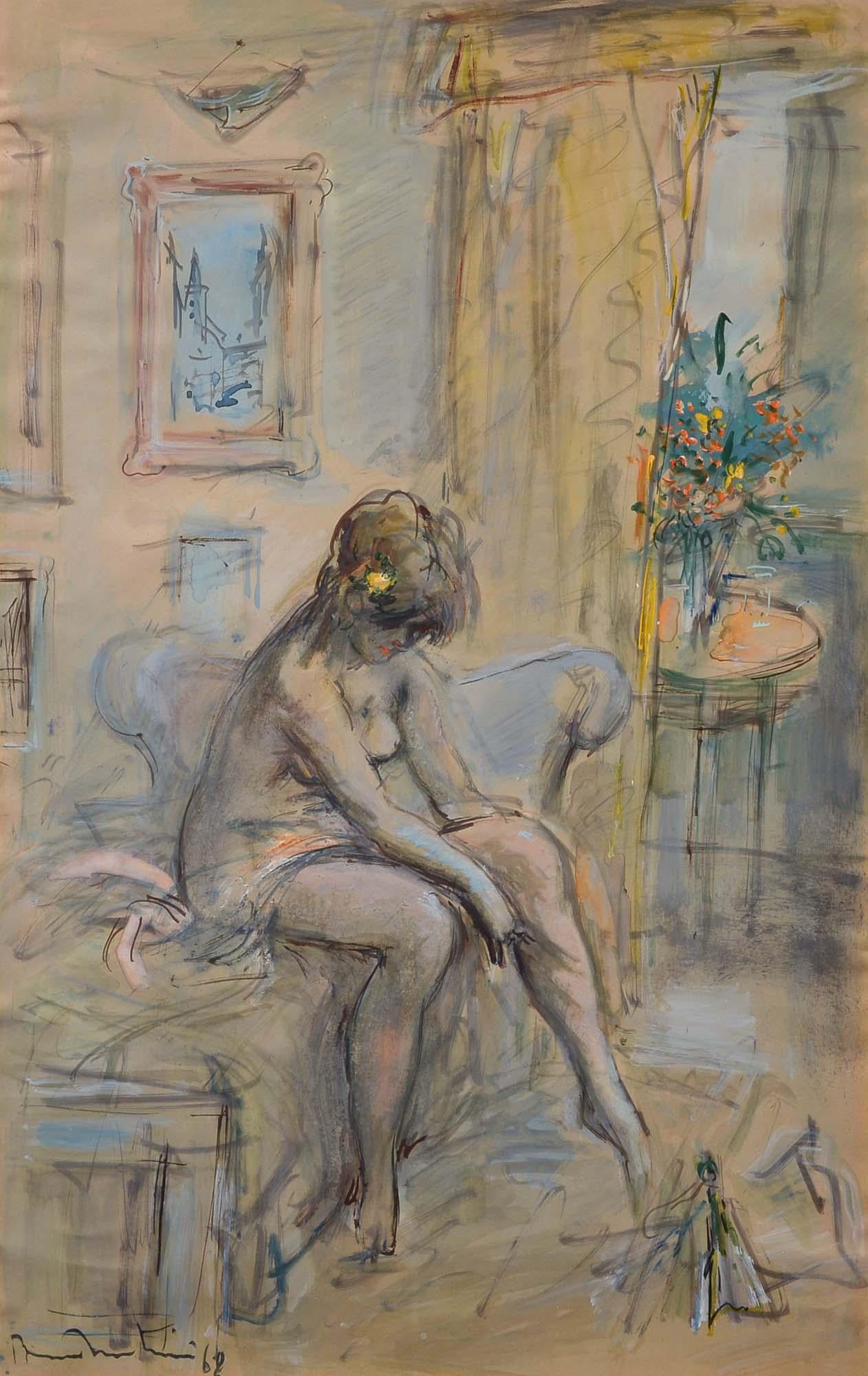 Bruno Martini Nude - In Her Dressing Room, Venice, Figural, Interior, Watercolor and Gouache