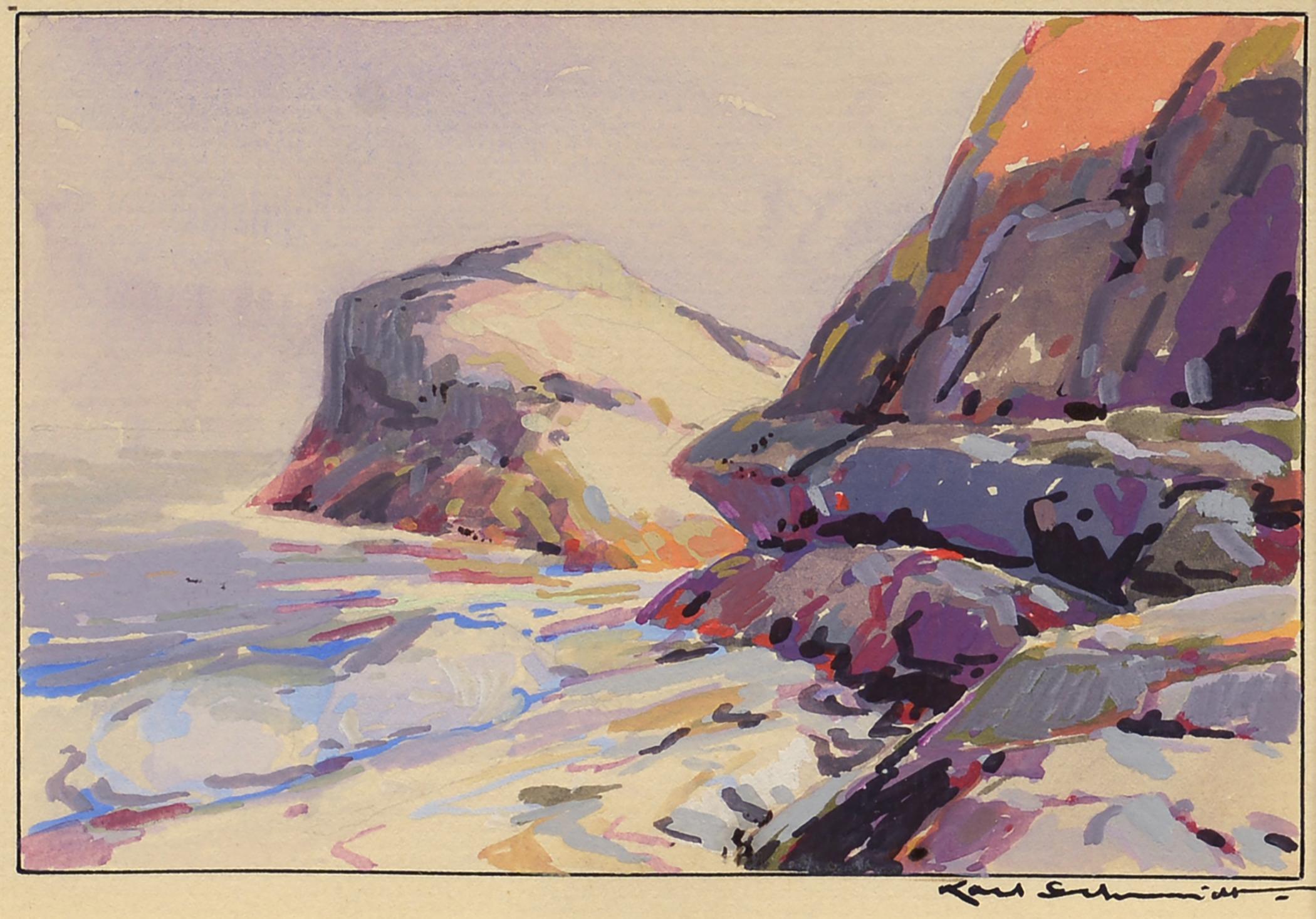 Landscape Art di Karl Schmidt (b.1890) - Monhegan, Boars Head, Gull Rock, Costa del Maine, Artist Coloni, Acquerello, Gouache