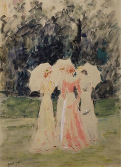 En el Jardín, Figurativo, Sombrillas, Acuarela, Gouache, De la Propiedad del Artista