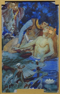 El Príncipe y la Sirena, Acuarela y Gouache, Nocturno, Figural, Ilustración