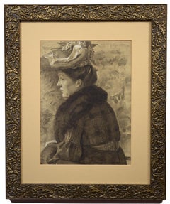 Lady in a Feathered Hat, Portrait, Figure, Charcoal Drawing, Austrian