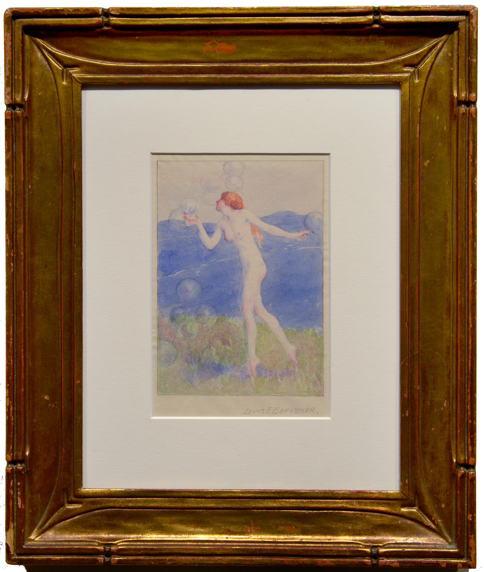 The Breeze, Nude, Figure, Watercolor, Salmagundi Club - Impressionist Art by Louis Frederick Berneker