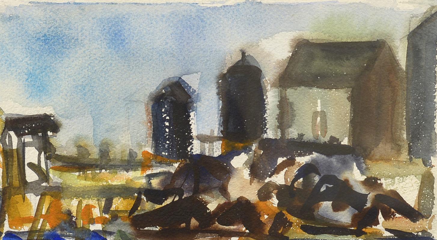 Aquarelle abstraite du Monhegan Wharf, côte du Maine, île, port 1