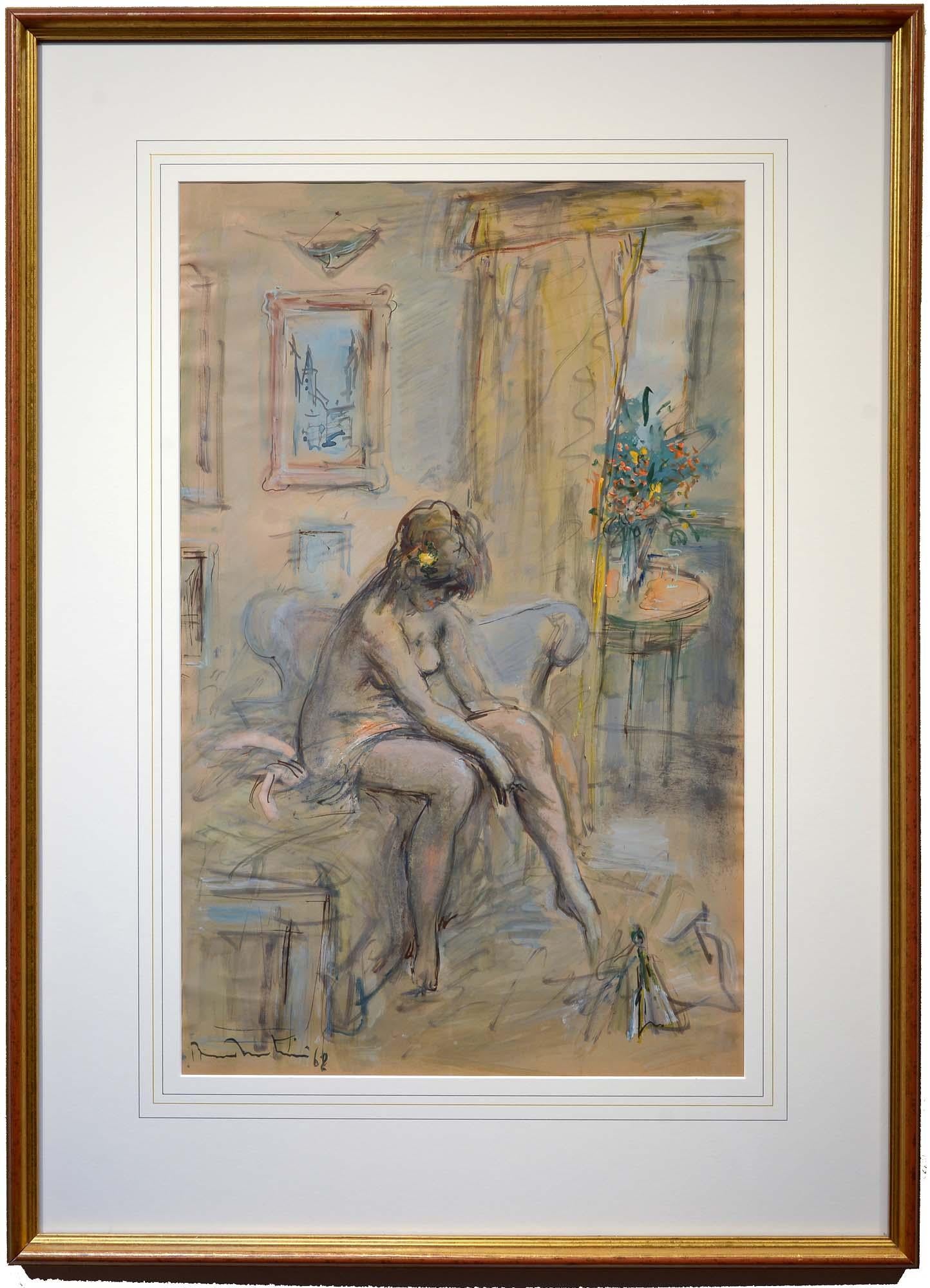 In Her Dressing Room, Venice, Figural, Interior, Watercolor and Gouache - Art by Bruno Martini