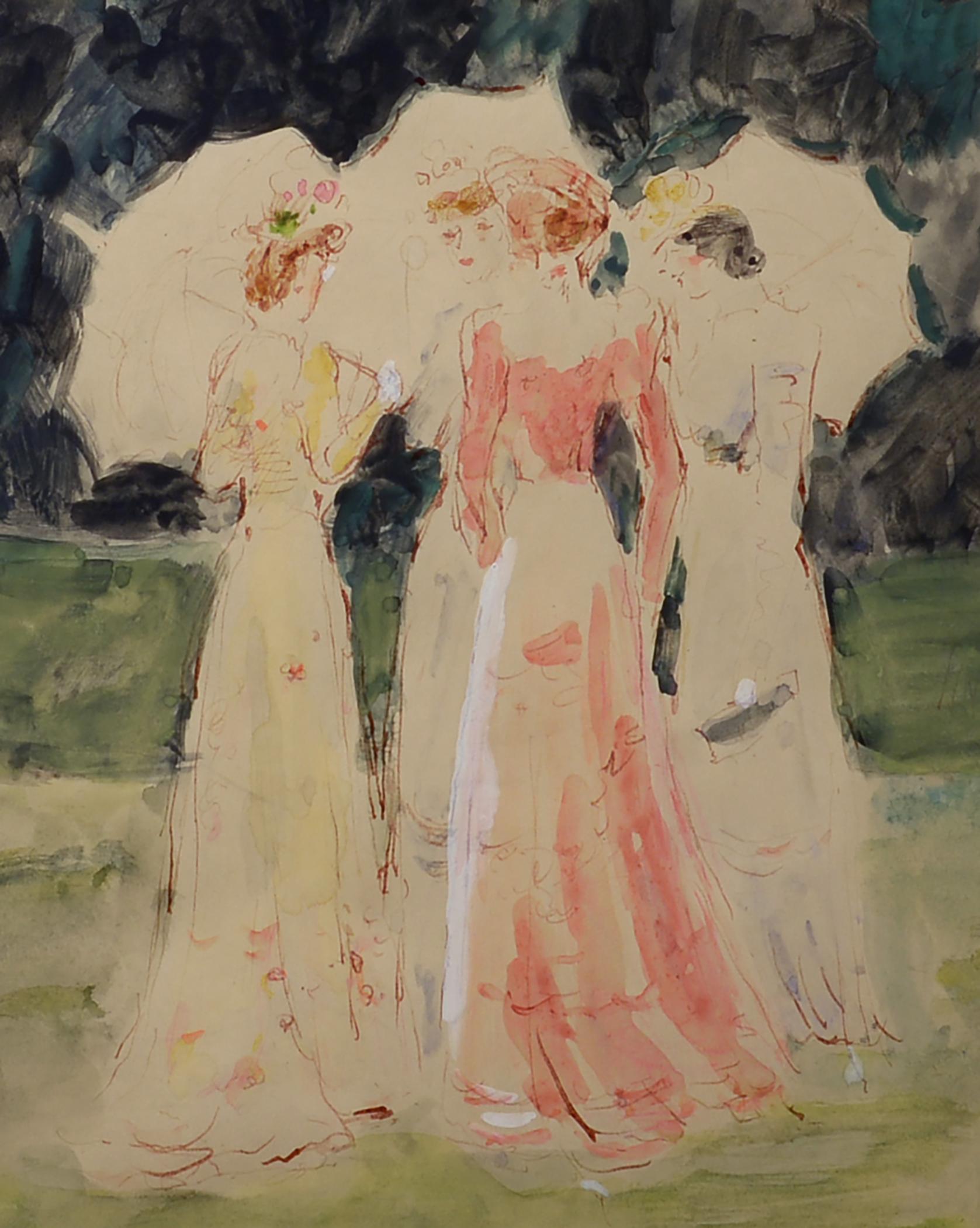 In the Garden, Figurative, Parasolen, Aquarell, Gouache, aus dem Nachlass des Künstlers (Impressionismus), Art, von Gabriel Spat