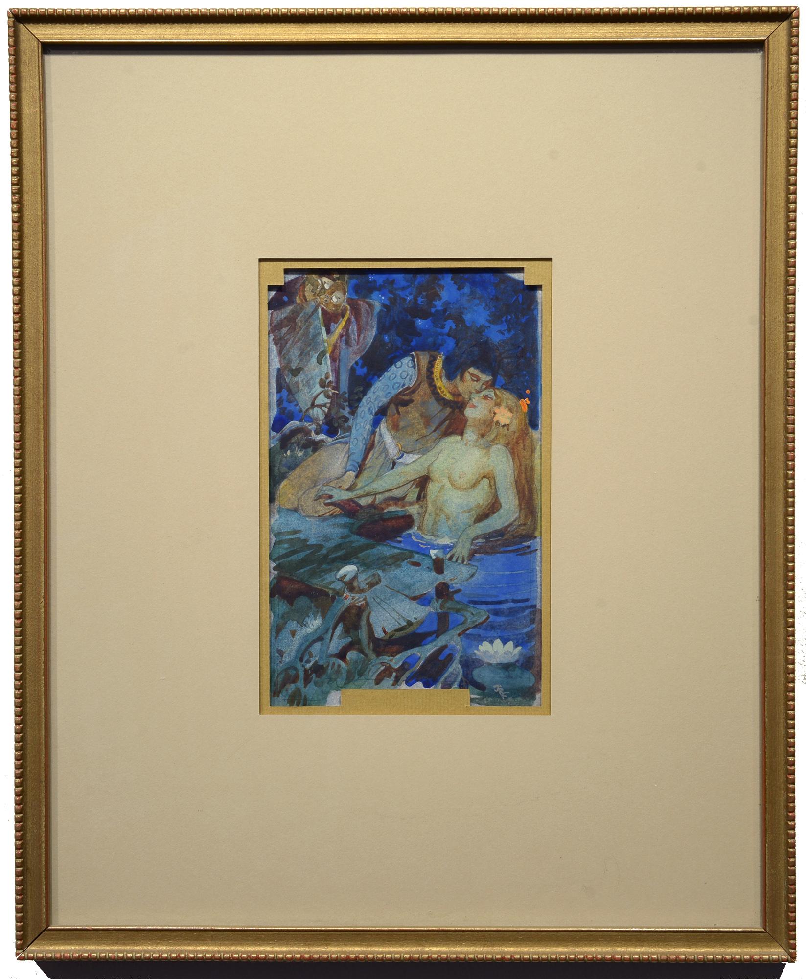 El Príncipe y la Sirena, Acuarela y Gouache, Nocturno, Figural, Ilustración - Art de John Richard Flanagan