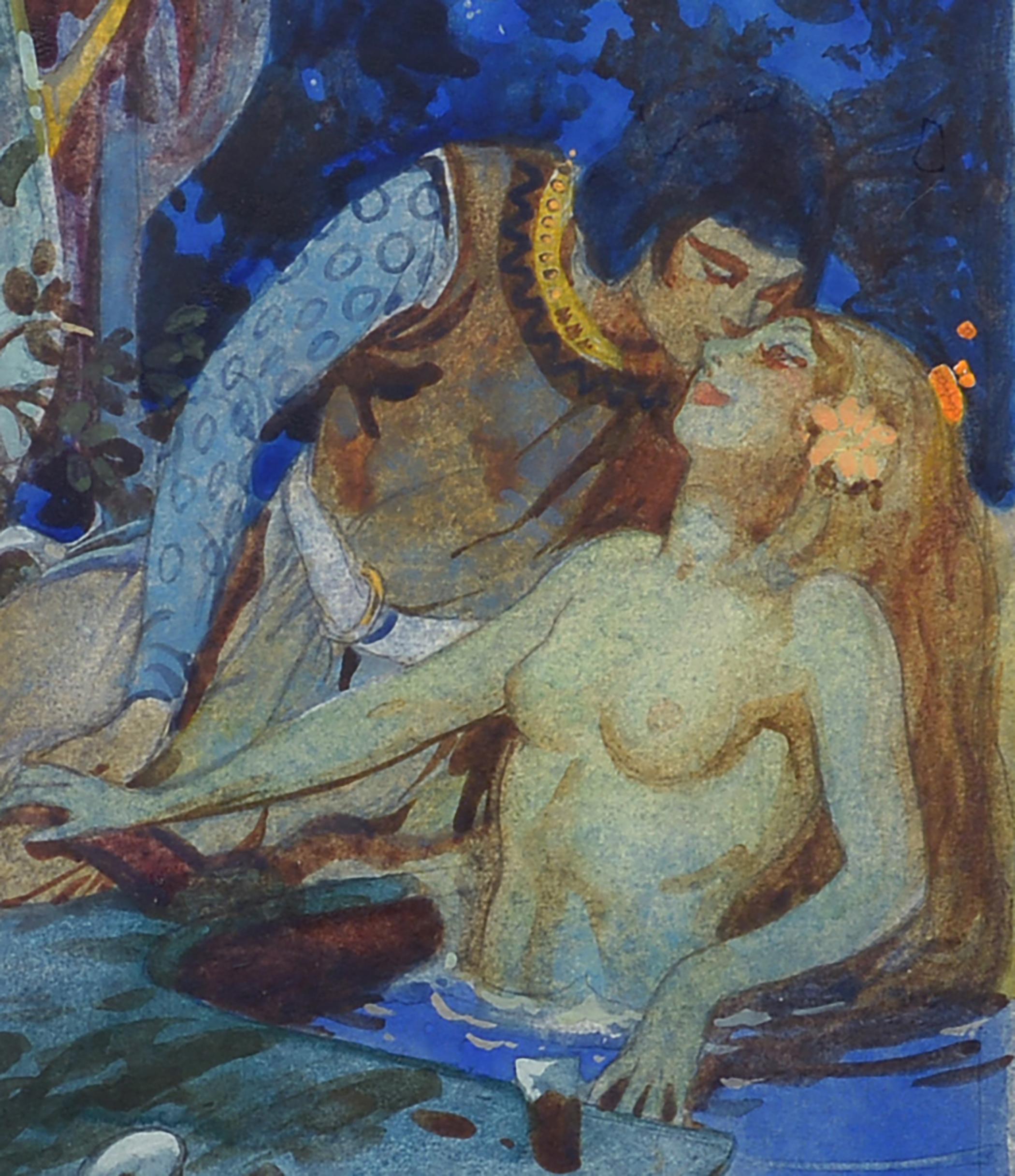 El Príncipe y la Sirena, Acuarela y Gouache, Nocturno, Figural, Ilustración - Figurative Art Gris de John Richard Flanagan