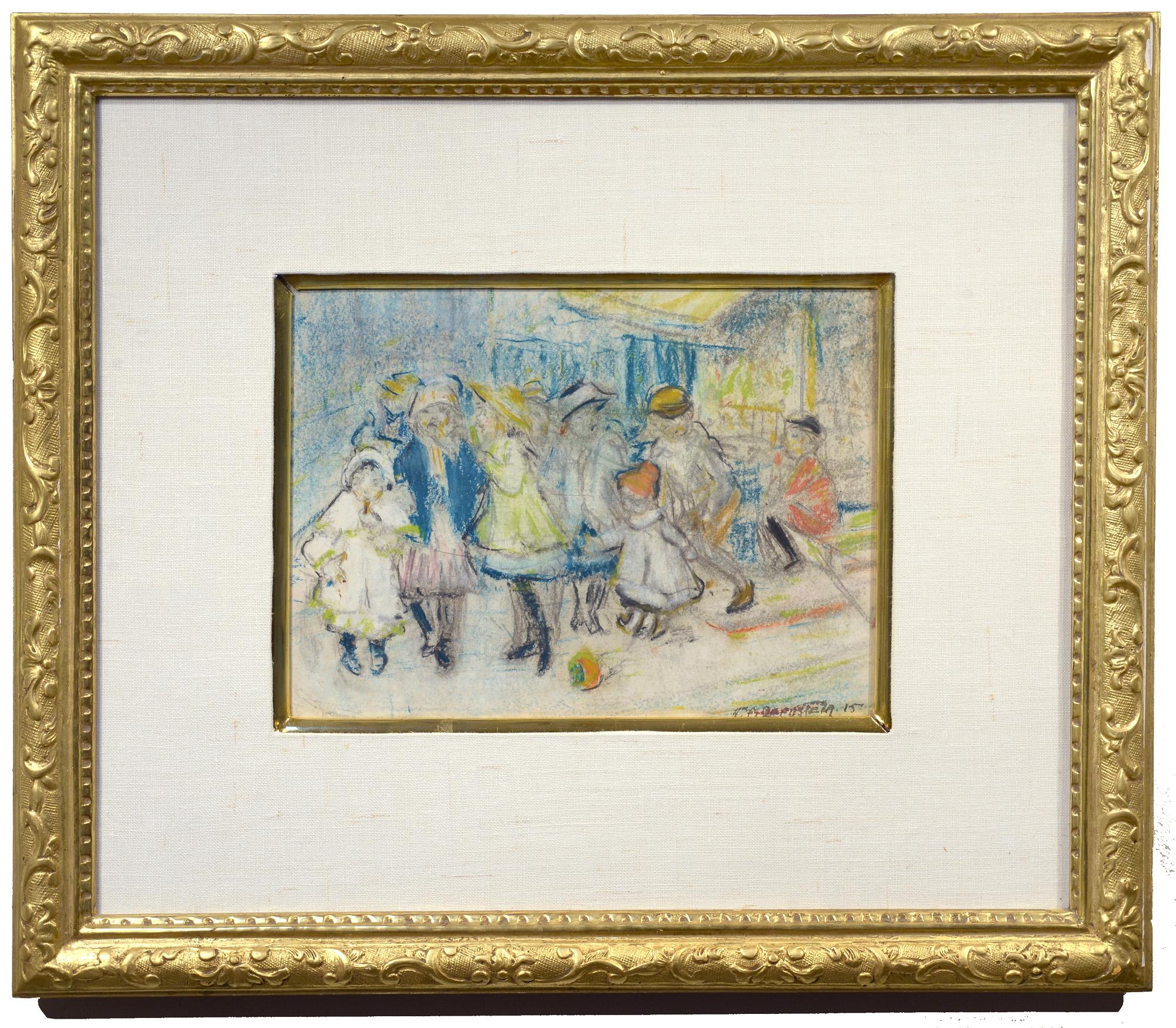 Bambini che giocano, 1915, Ashcan School, New York, Americano, Parco, Pastello su carta - Art di Theresa Bernstein