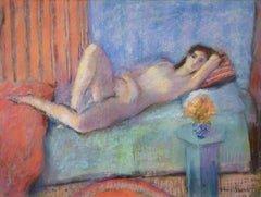 Liegender Akt, modernistisches Pastell, Interieur, weibliche Figur, signiert, 20. Jahrhundert