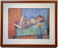Liegender Akt, modernistisches Pastell, Interieur, weibliche Figur, signiert, 20. Jahrhundert