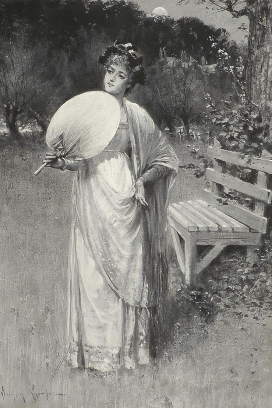 « Lady with a Fan » (Jeune fille avec un éventail), Davidson Knowles, gouache, portrait de paysage, vers 1880-90