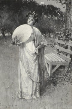 "Lady with a Fan," Davidson Knowles, gouache, landscape portrait, ca 1880-90