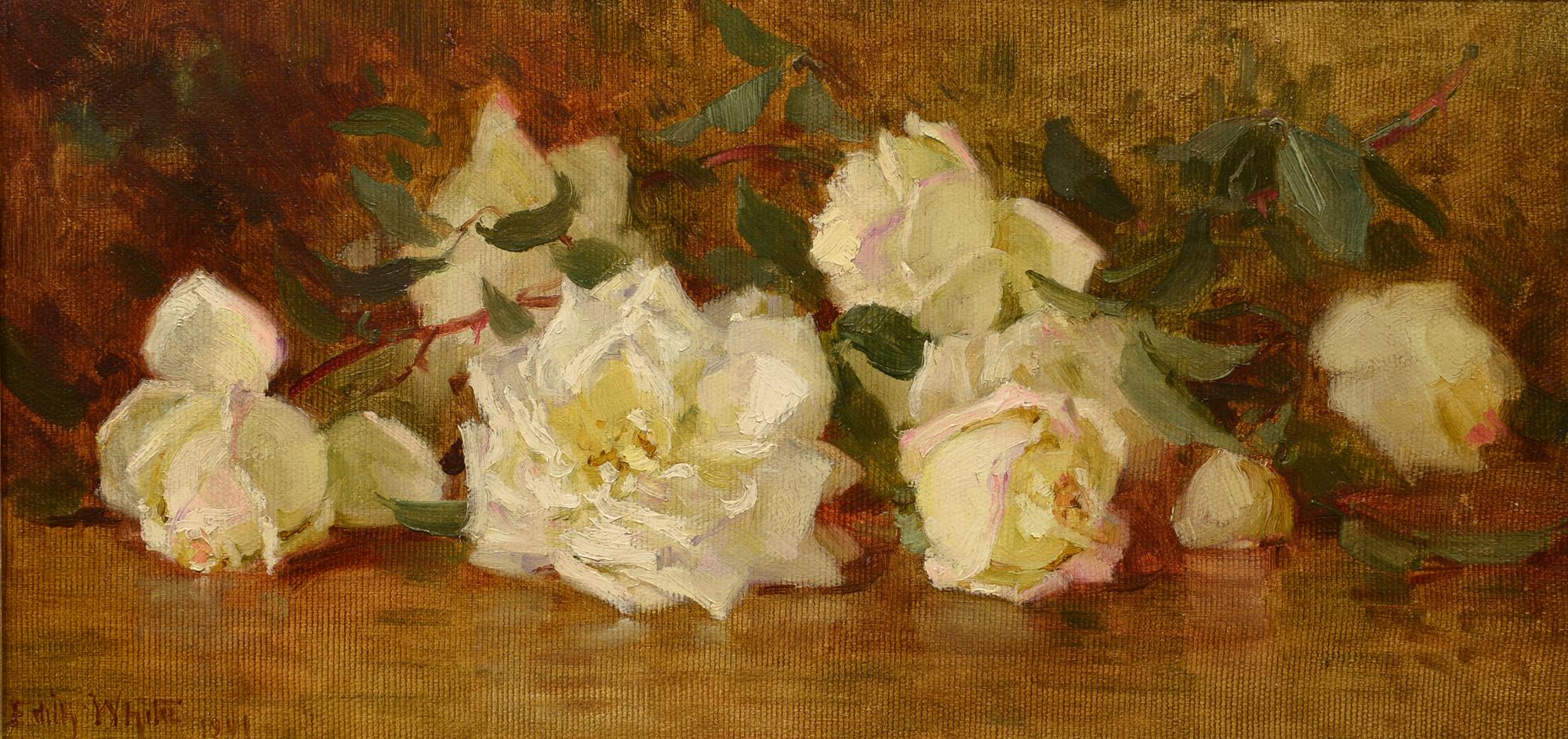 "White Roses" is an American impressionist still life painting by California artist, Edith White. Born in Decorah, Iowa in 1855, White was a member of Mills College's first graduating class in 1874. White then studied at the School of Design in San