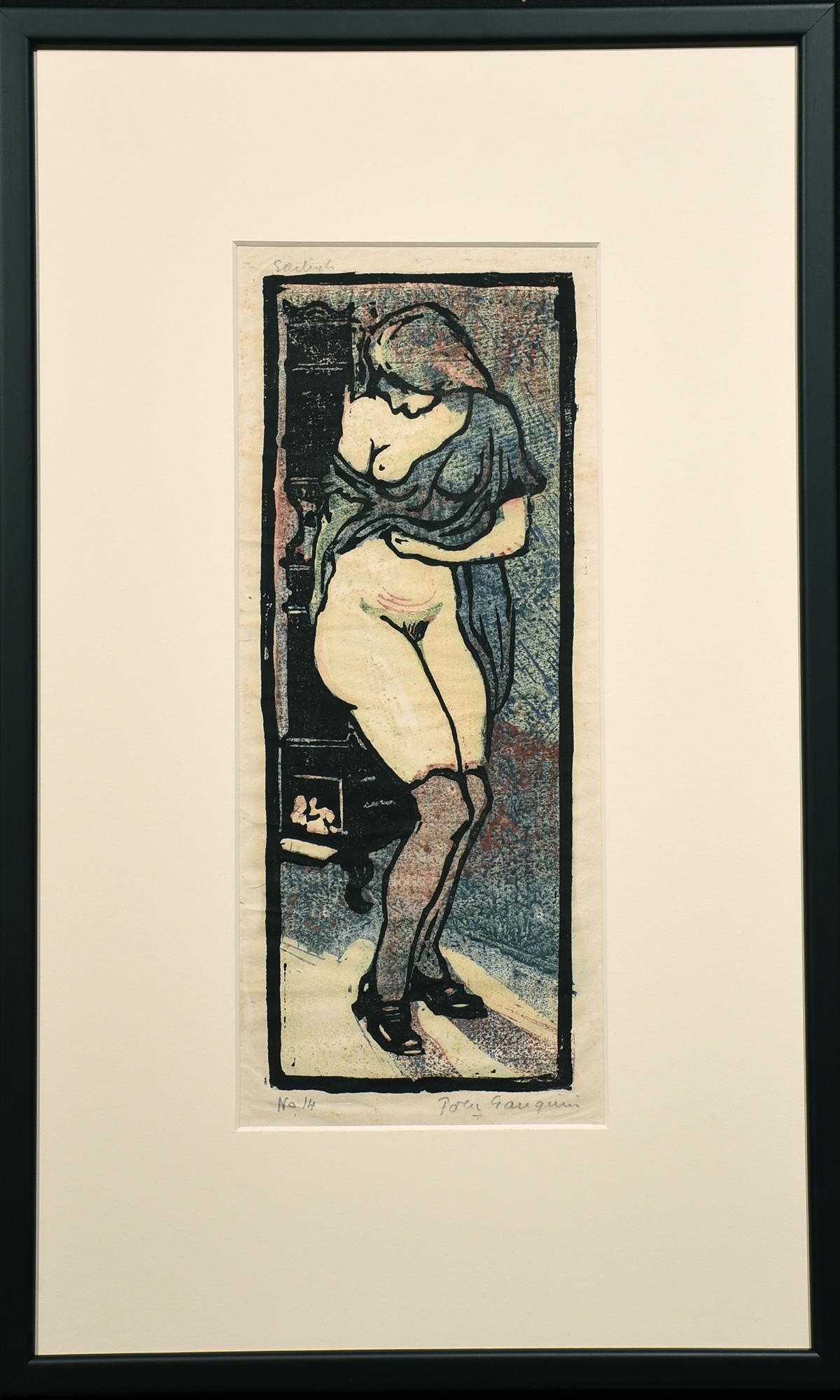 « By the Woodstove », Pola Gauguin, gravure sur bois, figurative, nu - Print de Paul Rollon 