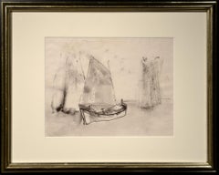 ""Silvery Day", William Thon, lavage à l'encre, voiliers, côte, moderniste