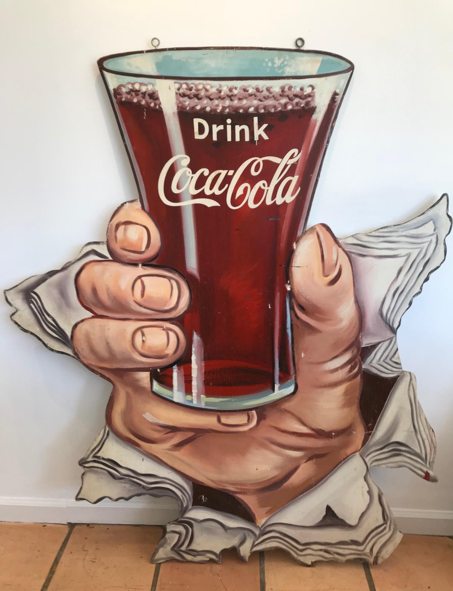 Coca-Cola sign - Unique Hand-Painted Wood Coke Sign - "Drink Coca-Cola" c 1950s  - Art by Unknown