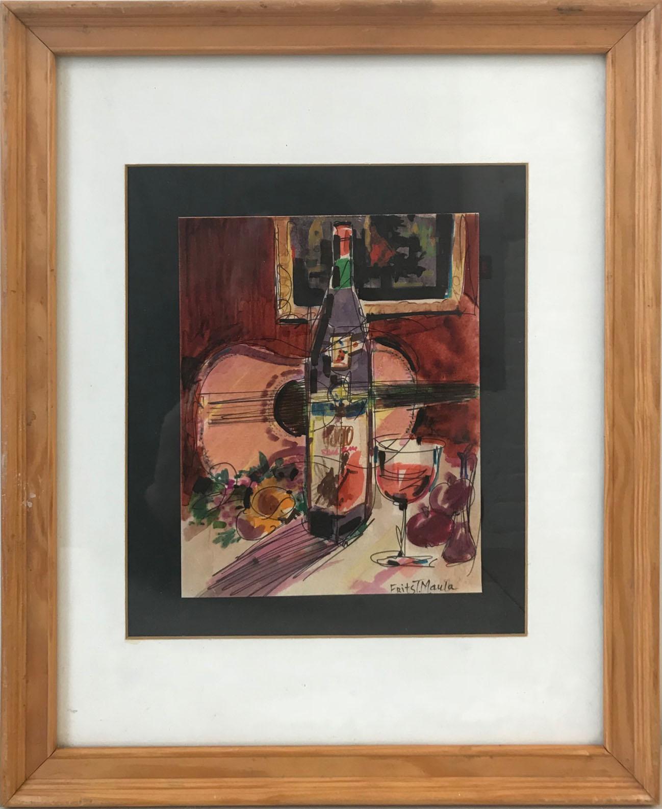 Frits T. Maula Still-Life Painting - Untitled: Still Life with Guitar and Wine
