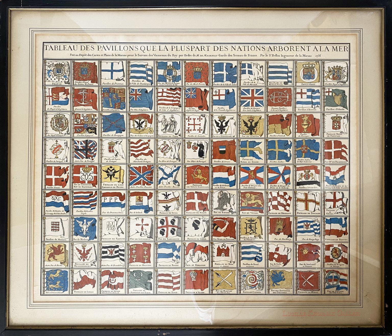 Print Bellin, Jacques-Nicolas - Tableau des Pavillons Que la Plupart des Nations arbore des drapeaux de la Mer- Marine