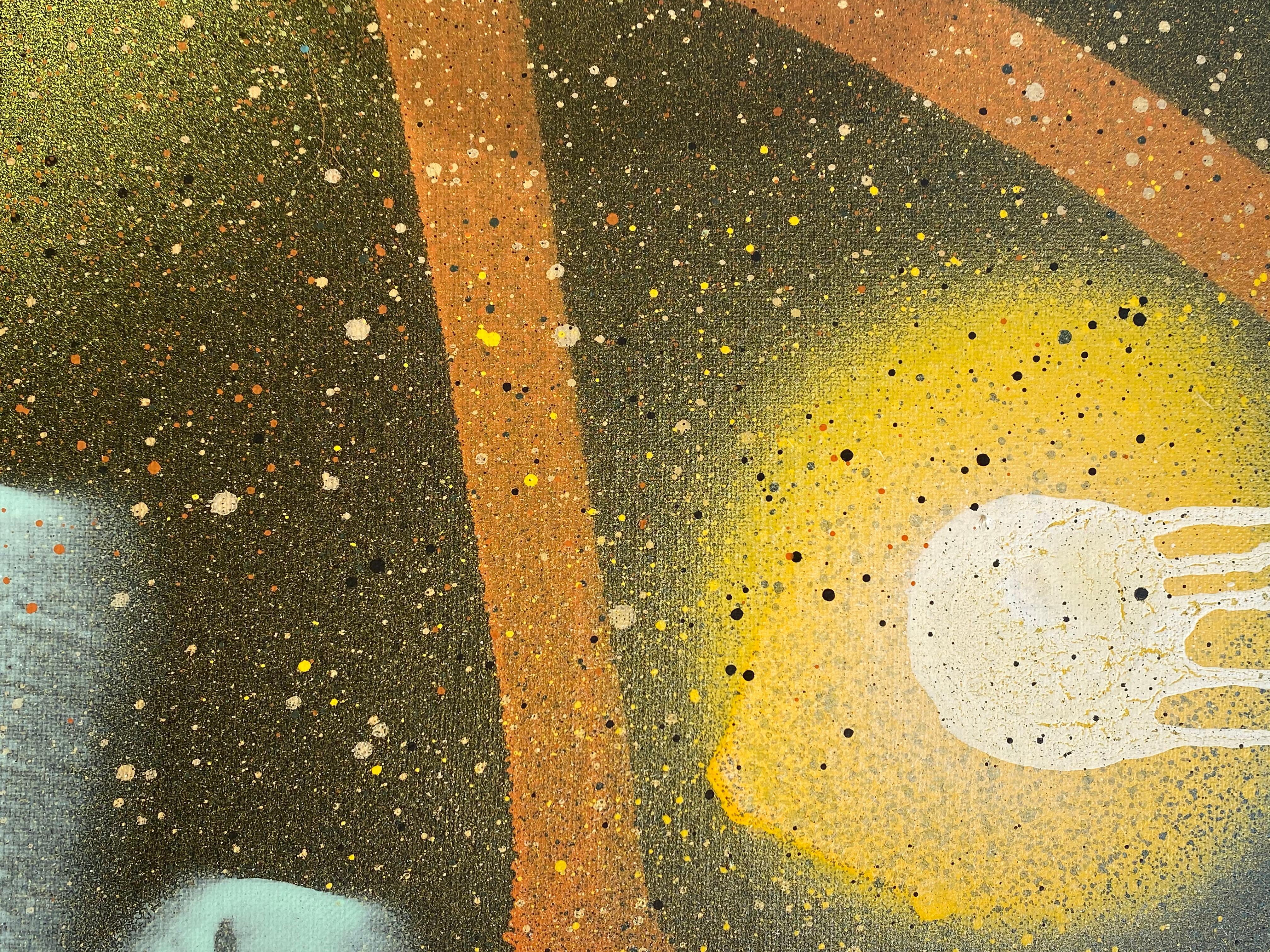 Orange, vert, jaune, turquoise, noir - techniques mixtes sur toile de Jonathan Georgi. Plusieurs pièces de cette série ont été accrochées ensemble  ou en tant qu'œuvre d'art unique, c'est une déclaration très puissante.
Attiré par les arts dès son