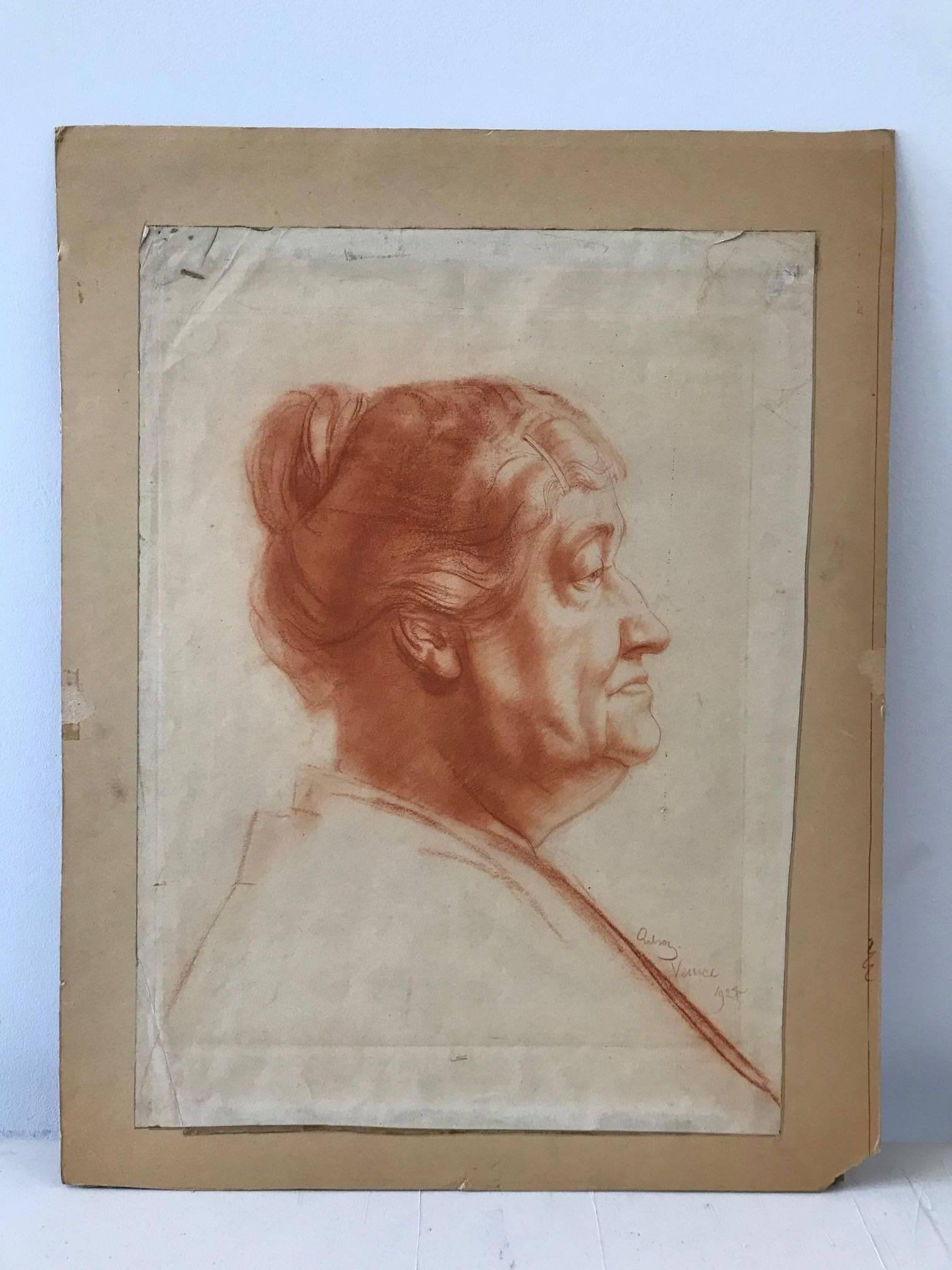 John Gilroy Figurative Art - Venice (Red Charcoal Profile of an Elderly Lady)