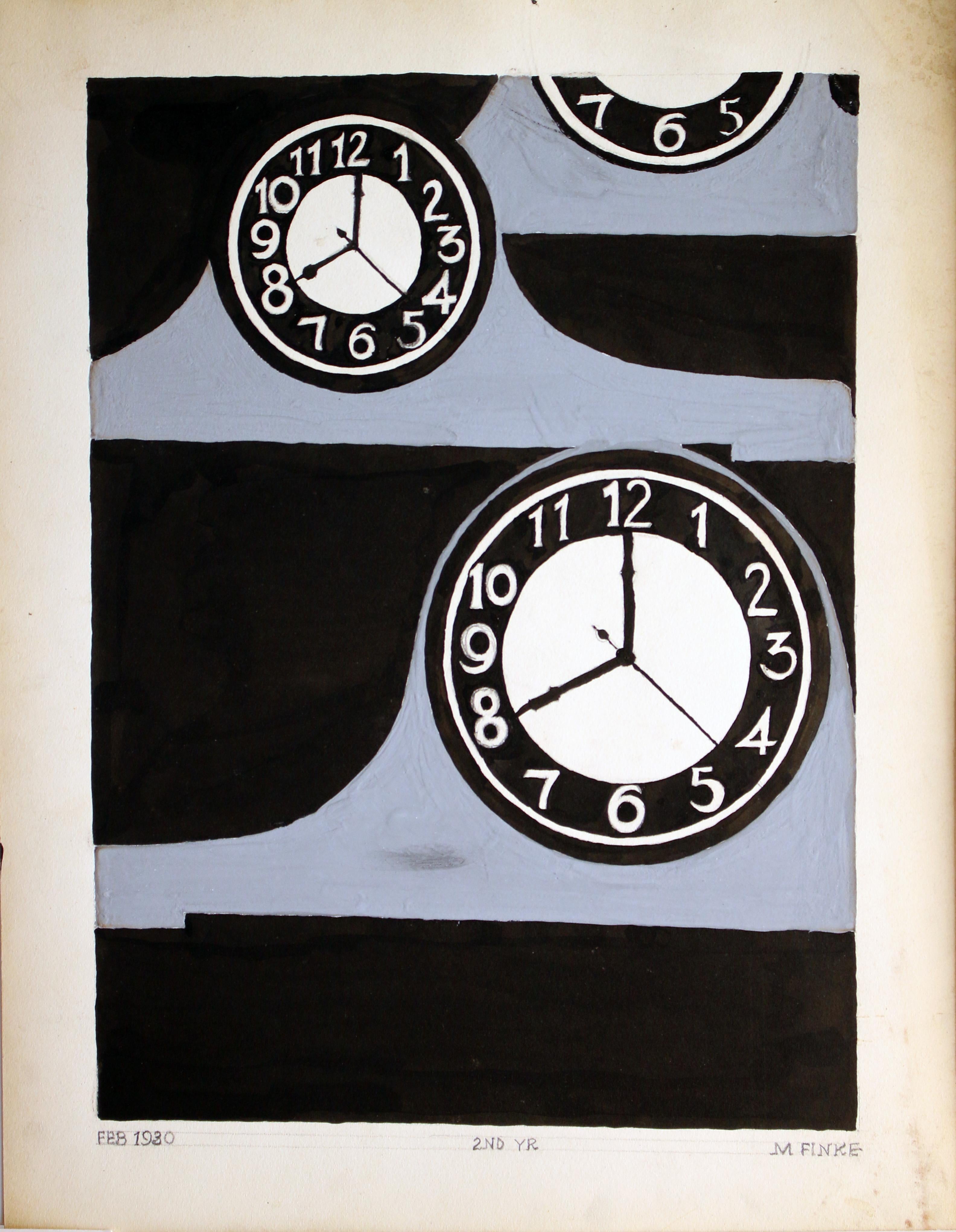 M Finke Abstract Drawing - Untitled: Clocks 1 (2nd Year in Black)