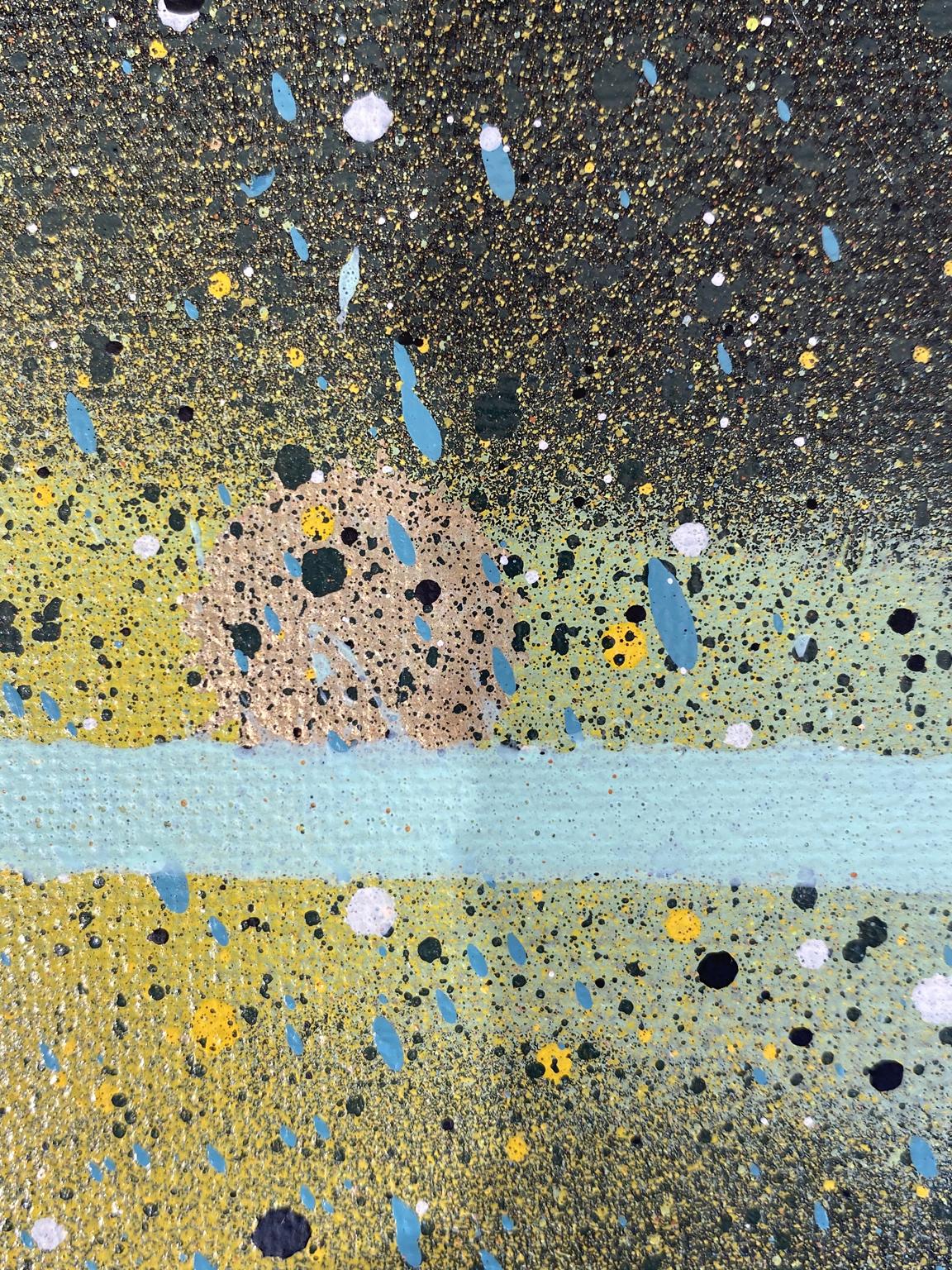 Orange, Grün, Gelb, Türkis, Schwarz - Mischtechnik auf Leinwand von Jonathan Georgi. Mehrere Stücke dieser Serie hingen zusammen  oder als einzelnes Kunstwerk eine sehr starke Aussage machen.
Schon in jungen Jahren interessierte sich Jonathan für