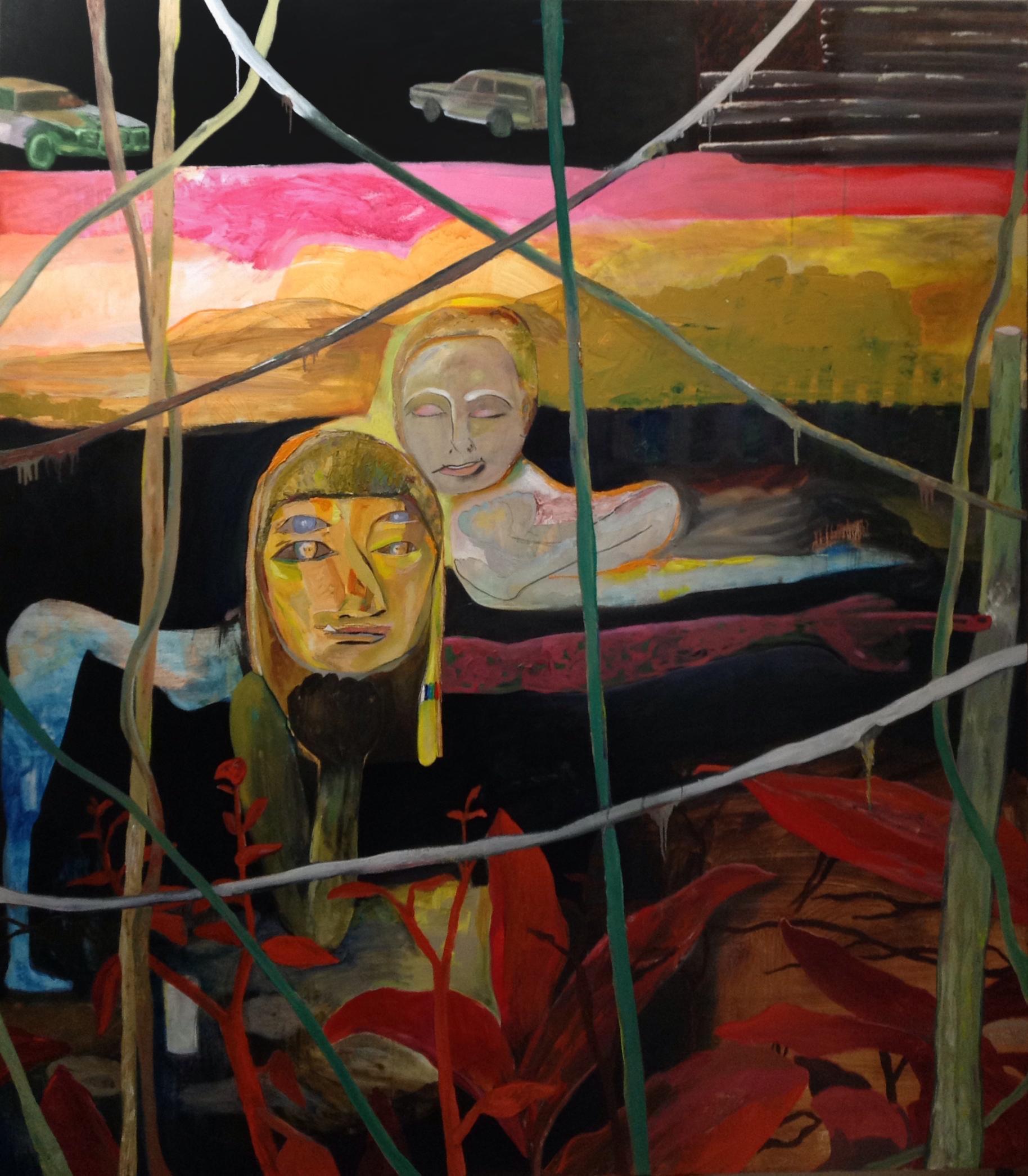 John Paul Kesling Abstract Painting – Amerikanische Americana- Acrylfarbe, Leinwand, Ölfarbe, Porträt, Figur, Rosa, Gelb