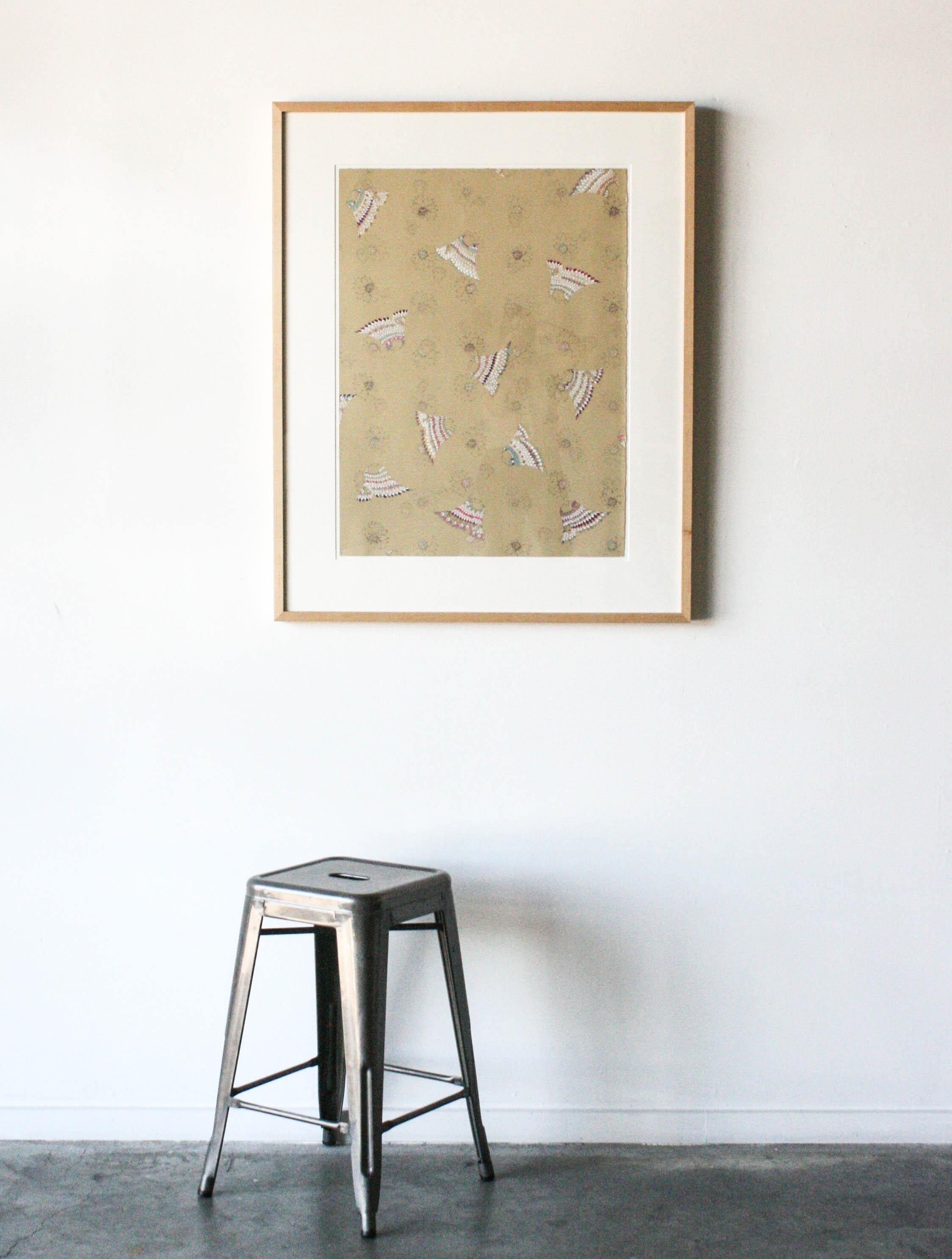 Framed and elegant drawing on toned paper. Gold and palladium leaf with delecated marteds made with graphite and gouache.

Amy Dean: Statement
Every day I am taking in forms from books, nature, literature and experience; I transcribe them with my
