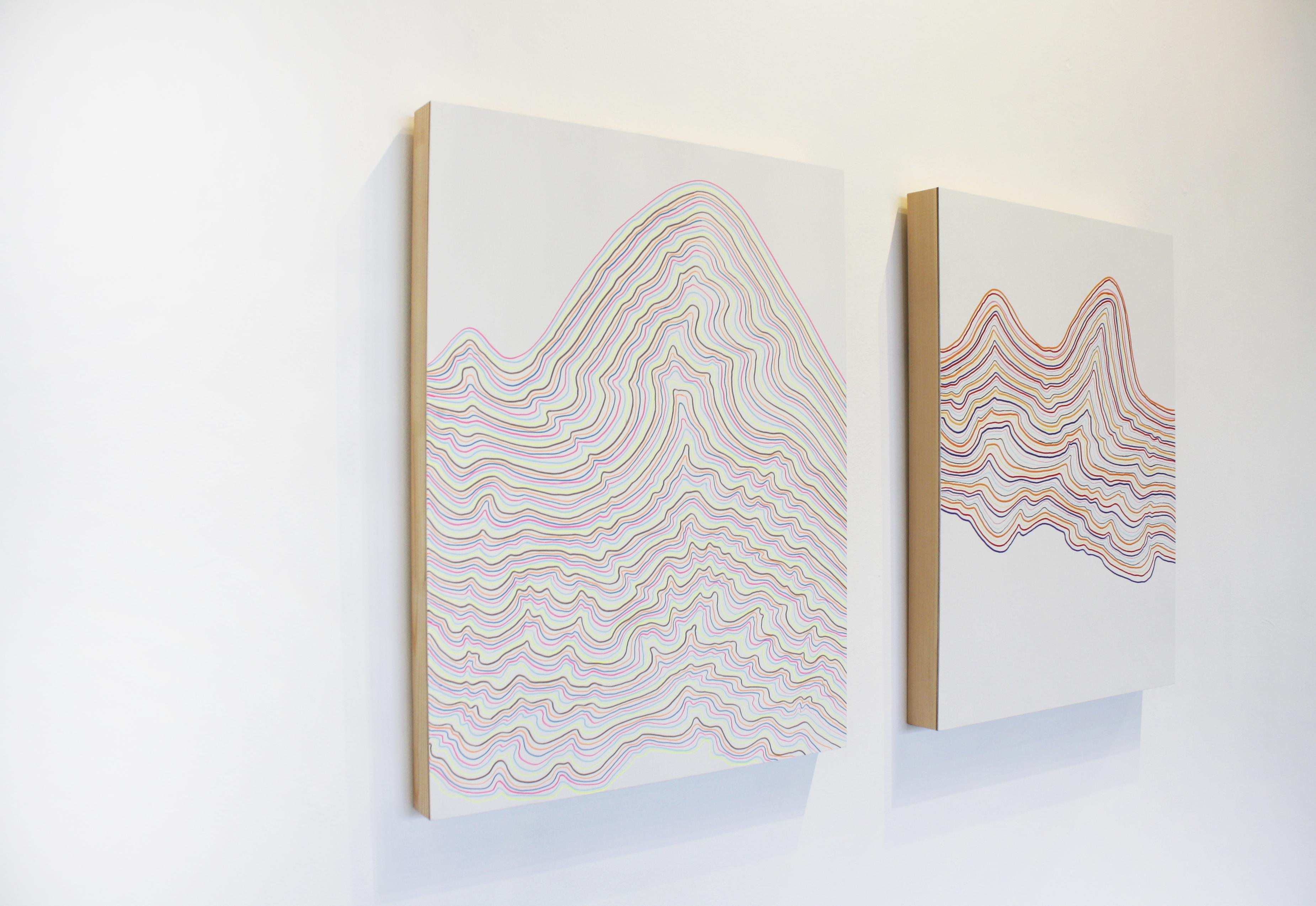 Colorful line drawing on a wood panel by artist Duncan McDaniel. More information below:

Statement:
In this series, Duncan McDaniel incorporates art and design into an intrinsic experience of finding harmony and simplicity in the creative process.