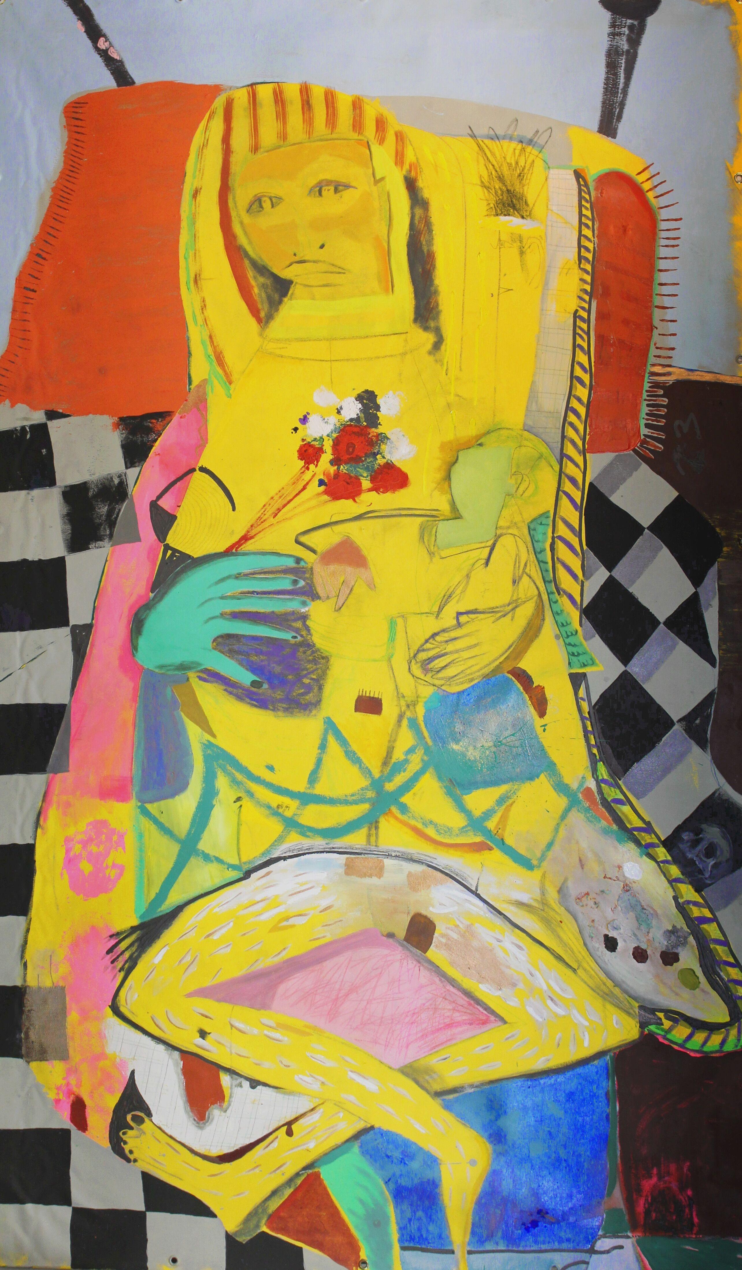 Piet (Brenda)-Acrylfarbe, Leinwand, Holzkohle, Stoff, Pastell, Bleistift, Porträt – Painting von John Paul Kesling