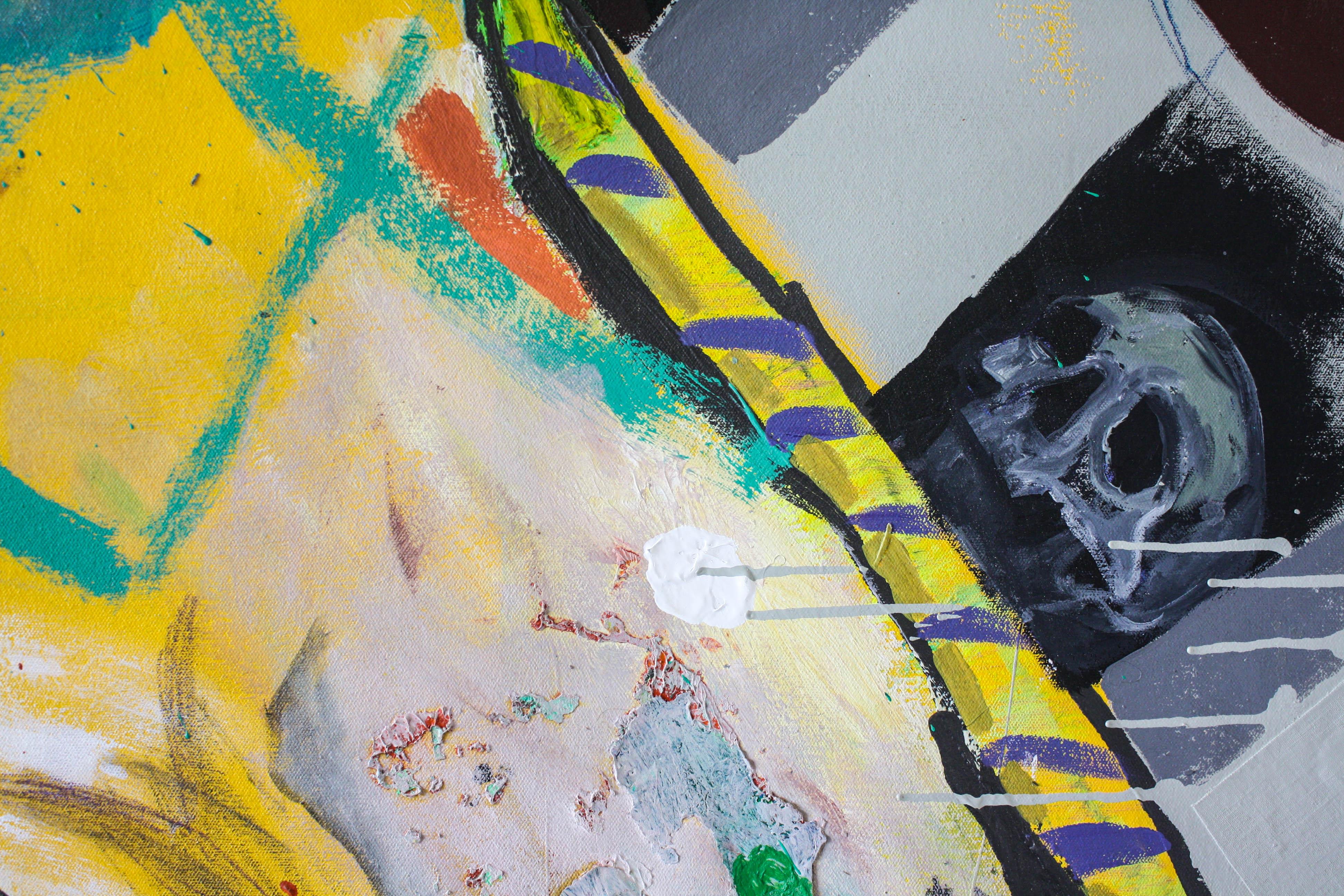 Dieses abstrakte zeitgenössische Porträtgemälde verwendet leuchtendes Blau, Gelb, Rosa und Grün. Hinter der Figur sitzt ein Schachbrettmuster in Schwarz-Weiß. 

Bio
John Paul Kesling wurde 1980 im Ohio River Valley in Ashland, Kentucky, geboren und