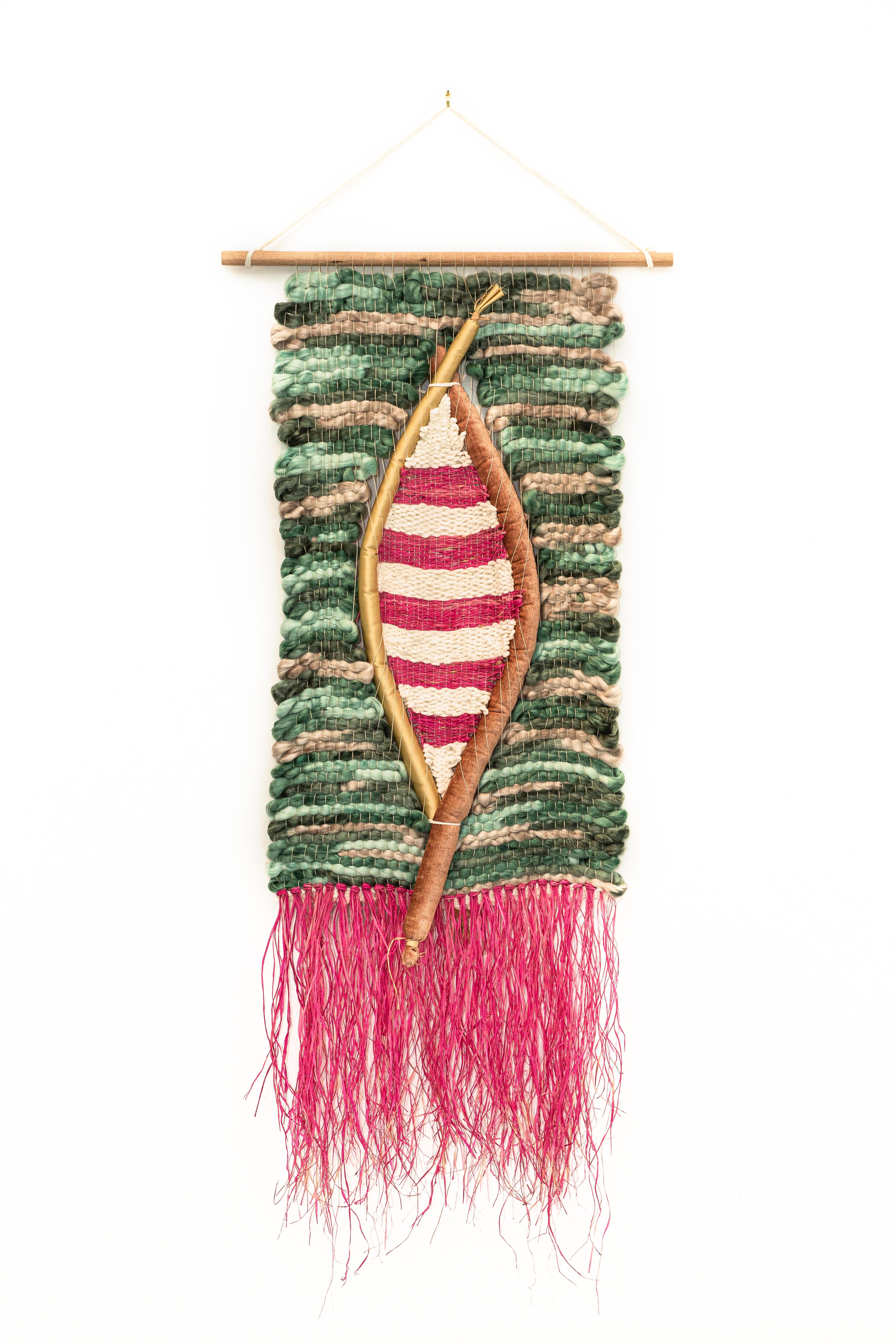 Tubes 2- Fabric, Yarn, Woven Wall Hanging, Sculpture, Green, Pink, Yellow - Mixed Media Art by Pam Marlene Taylor