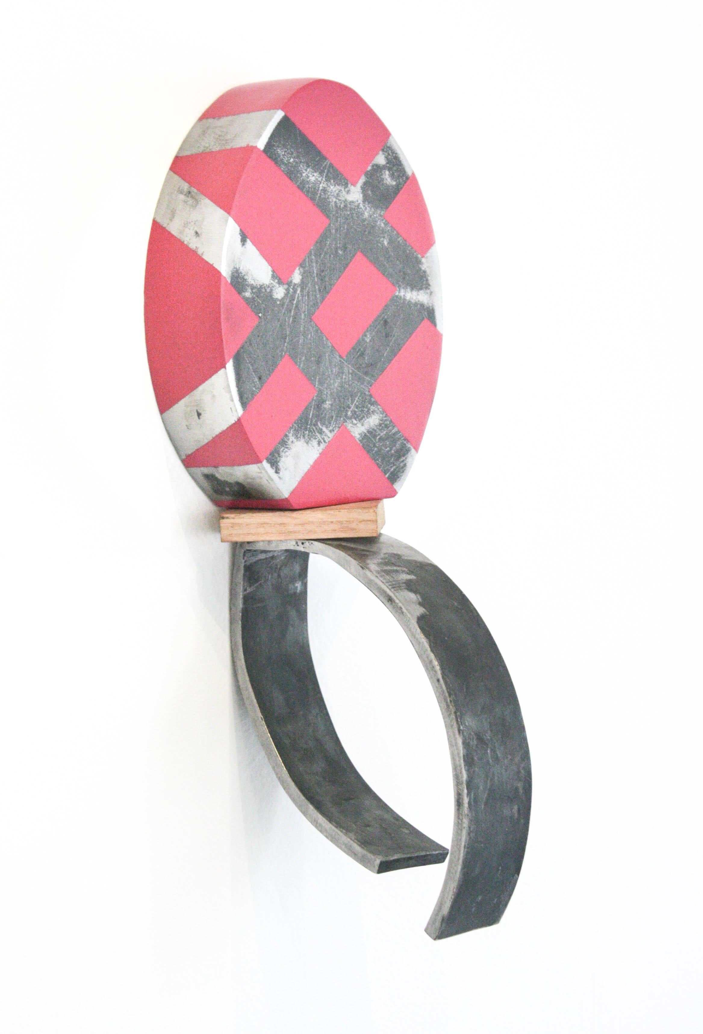 Outreach- Spray Paint, Steel, Wood, Pink, Black, Oval, Wall Mounted, Sculpture - Brown Abstract Sculpture by Desmond Lewis