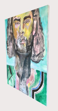 Long Neck James- Canvas, Charcoal, Oil, Spray Paint, Green, Blue, Yellow, Pink