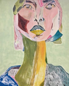 Long col n°1 - Toile, fusain, huile, peinture à l'aérosol, portrait, abstrait, rose, bleu