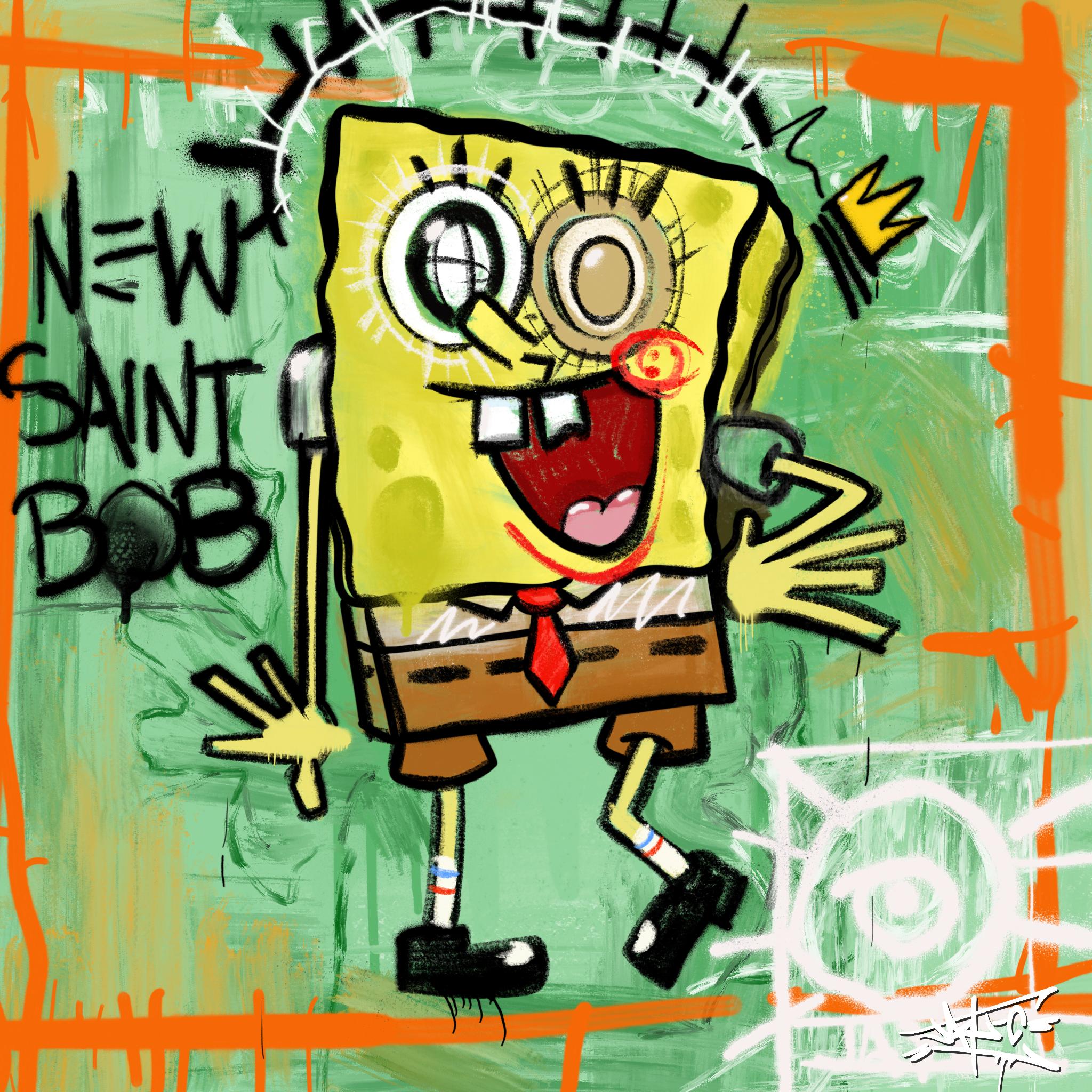 Jay-C Portrait Painting - King Sponge, Sponge Bob, Painting, Pop Art, Street Art