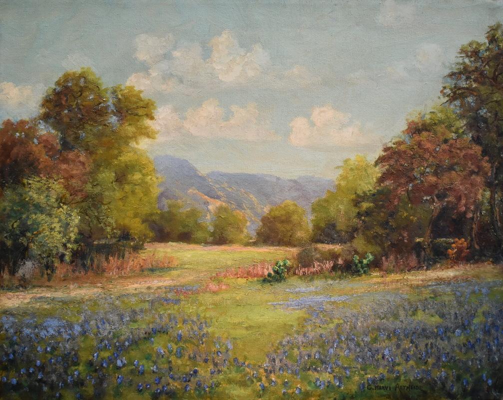 Charles Harvi Altheide Landscape Painting - " Bluebonnets San Antonio Texas "  Texas Ranch Scene Texas wildflowers 