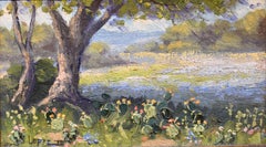 " Texas Landscape " Oak Trees and Prickly Pear Cactus Bluebonnets