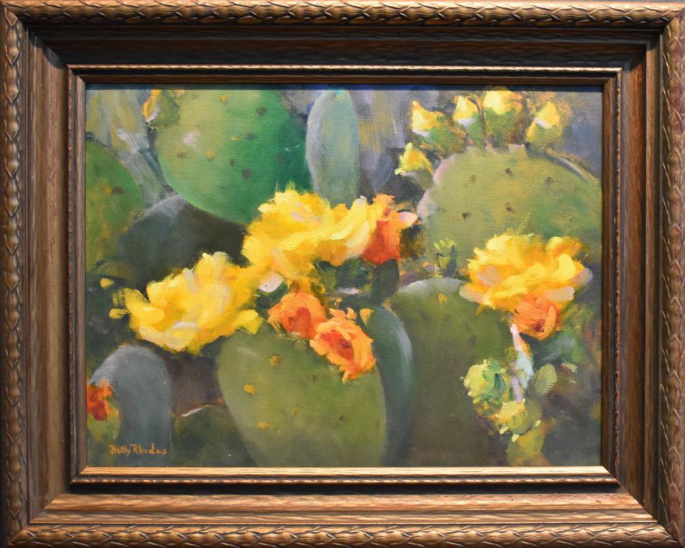 Betty Rhodes Landscape Painting - "Blooming Prickly Pear" Catcus Yellow Green Orange