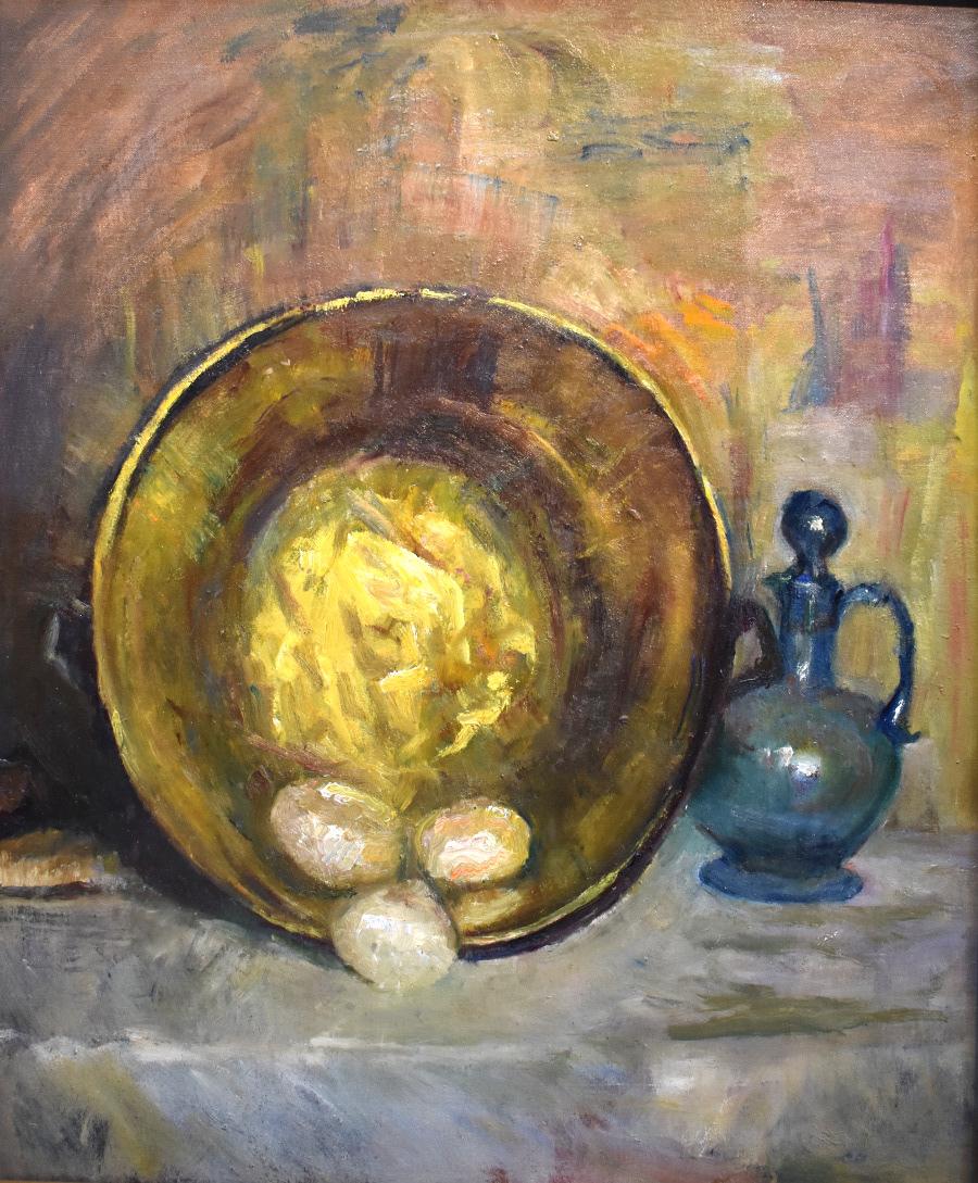 Martha Simkins Still-Life Painting - "Brass Plate with Eggs"