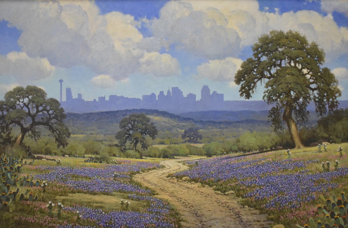 Randy Peyton Landscape Painting - "San Antonio Skyline in Bluebonnets"  Texas landscape