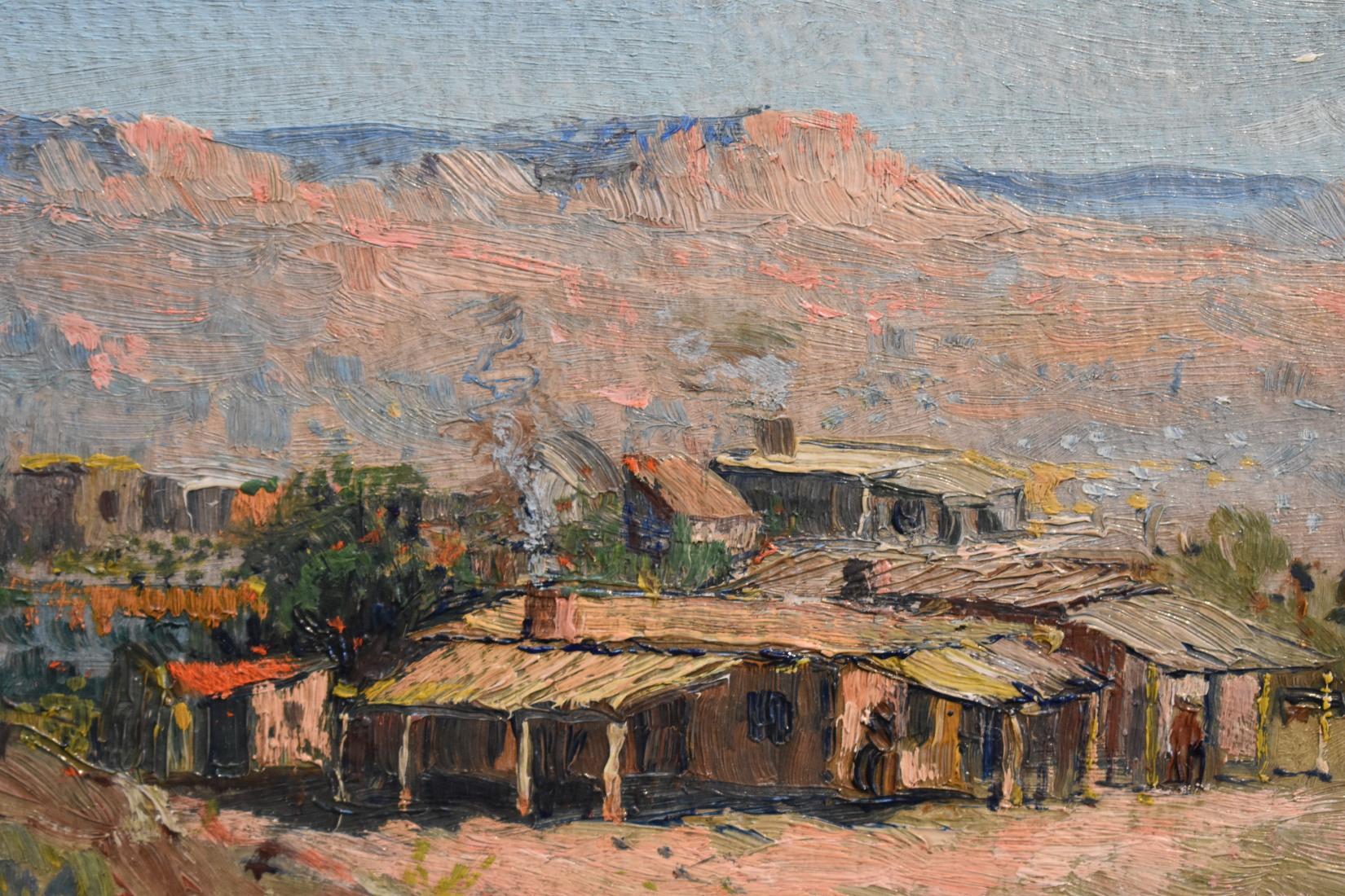 Landscape Painting Paul Schumann - Paire de paysages du début du Nouveau-Mexique avec structures et de lourds récipients, réalisés par un artiste au Galveston