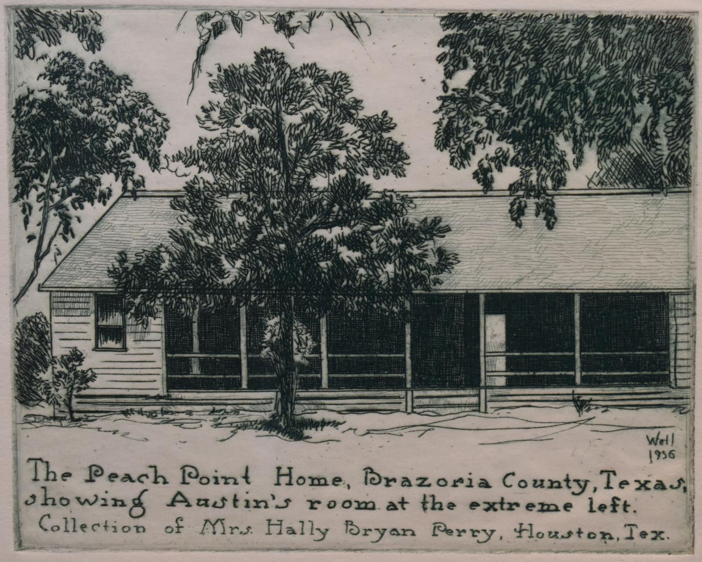 Bernhardt Wall Landscape Print - "The Peach Point Home" Brazoria County Texas. Stephen F. Austin's Home. Back 