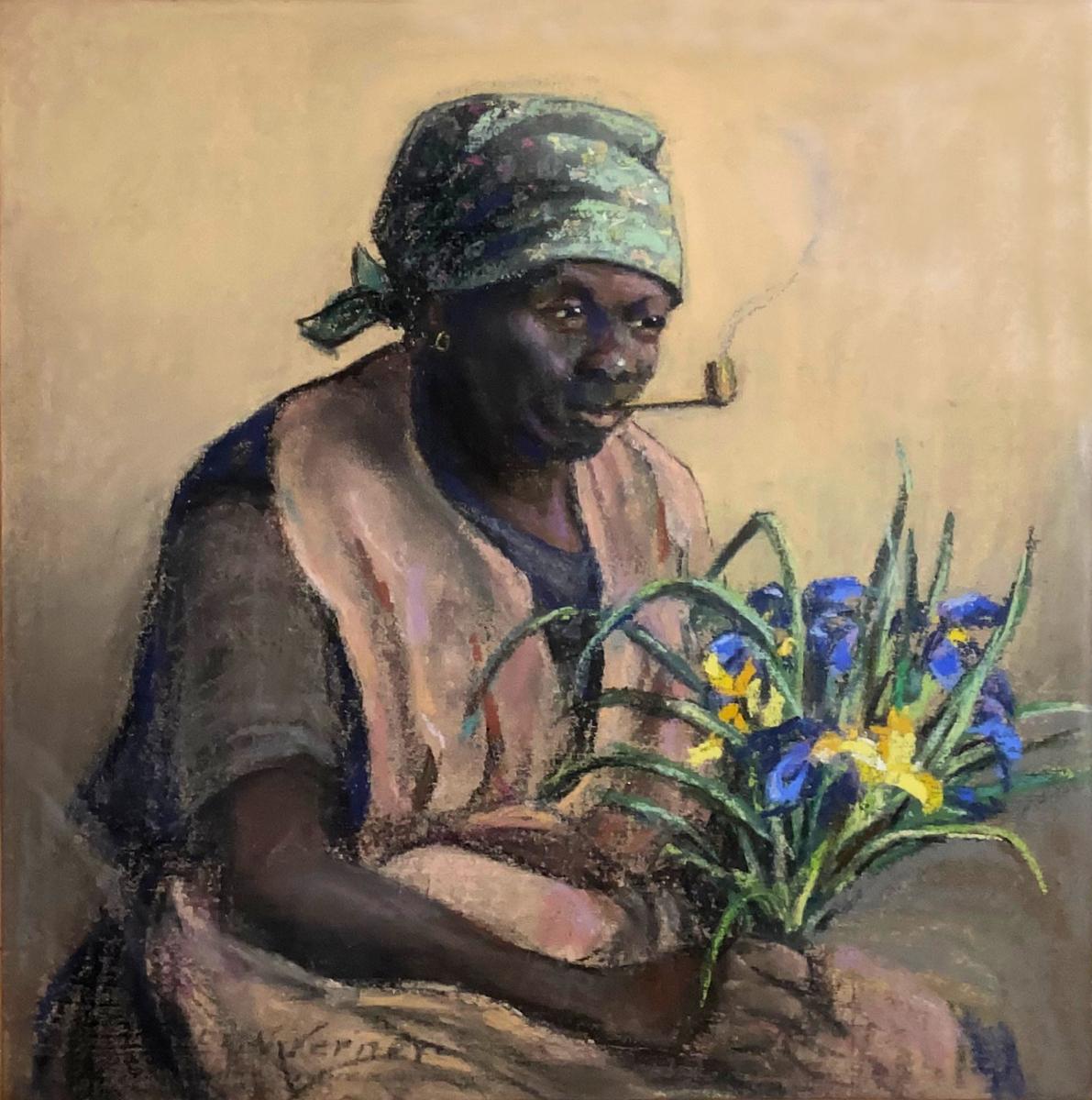 Elizabeth Verner Portrait Painting - "Dolly - Flower Woman" ELDERLY BLACK AFRICAN AMERICAN FLOWER VENDOR SMOKING PIPE