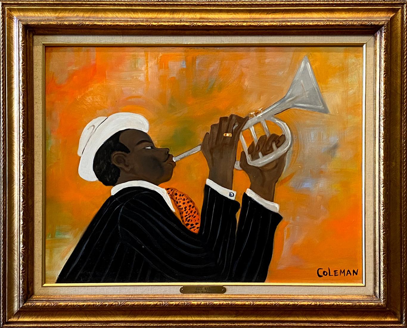 John Coleman Figurative Painting - "JAZZ MAN"  BLACK FOLK ART JAZZ TRUMPET BLACK ORANGE WHITE LILA COCKRELL'S COLLE