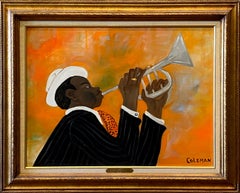 "JAZZ MAN"  BLACK FOLK ART JAZZ TRUMPET BLACK ORANGE WHITE LILA COCKRELL'S COLLE